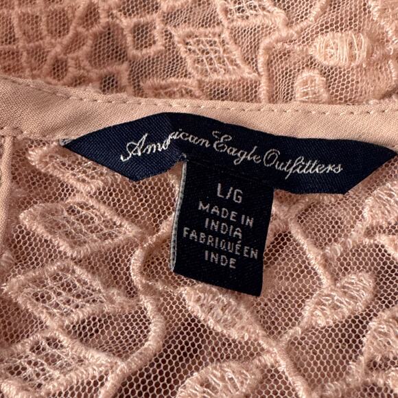 American Eagle Large Crop Top Crochet Mesh Sheer 3/4 Sleeve Stretch Rear Button - Picture 8 of 8